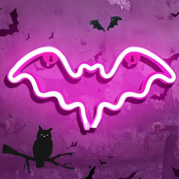 LED neonová dekorace na zeď 30 x 15 cm Světelný netopýr na baterie nebo USB Noční světlo Pokojová výzdoba Halloweenská dekorace růžová