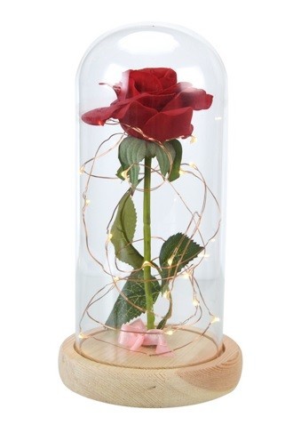 LED svietiace červená ruža v sklenenej dóze svetlá