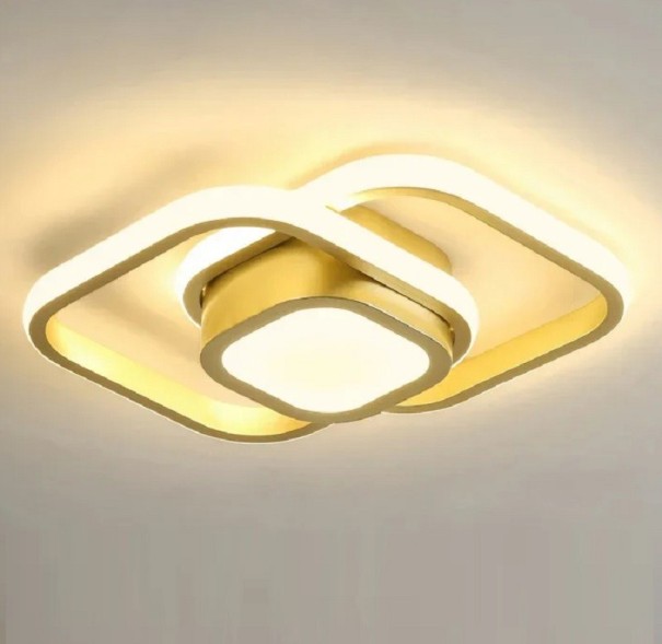LED-taklampa med 3 ljusfärger 32 W Modern dimbar ljuskrona i form av två kvadrater Minimalistisk ljuskrona med färgtemperaturväxling 27 x 22 x 6 cm guld