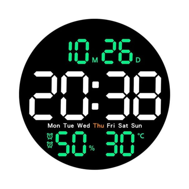 LED-väggklocka 25,5 cm temperatur/fuktighet veckovis och datum spegelvisning fjärrkontroll timer automatisk dimning grön