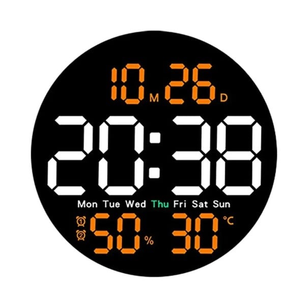 LED Wall Clock 25.5 cm Temperature Humidity Week and Date Mirror Display Remote Control Timer Automatic Dimming orange
