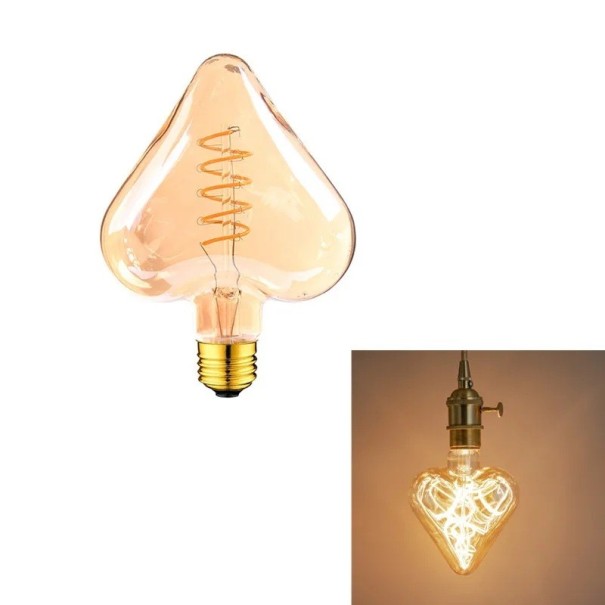 LED žiarovka v tvare srdca so špirálou Stmievateľná 4 W 220 V 11 x 15 cm Jantárové sklo a zlatá objímka Teplá biela 2700 K Na Valentína 1