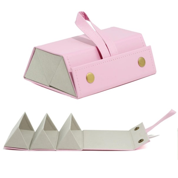 Leder-Klappetui für 3 Brillen, 16 x 12,5 x 6 cm, Reise-Hartschalenetui aus Kunstleder, Brillen-Organizer mit Aufhängeschlaufe rosa