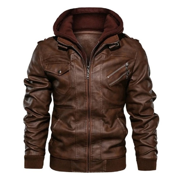 Lederjacke mit Reißverschluss Herbstjacke mit Kapuze Stylische Jacke mit Futter und Taschen Modische Jacke für die Stadt und fürs Motorrad braun 3XL