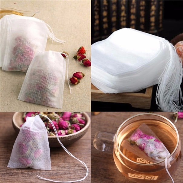 Leere Teebeutel mit Zugband 100 Stk Für losen Tee und eigene Kräutermischungen Weiße Vliesstoff Maße 7 x 5 cm 1