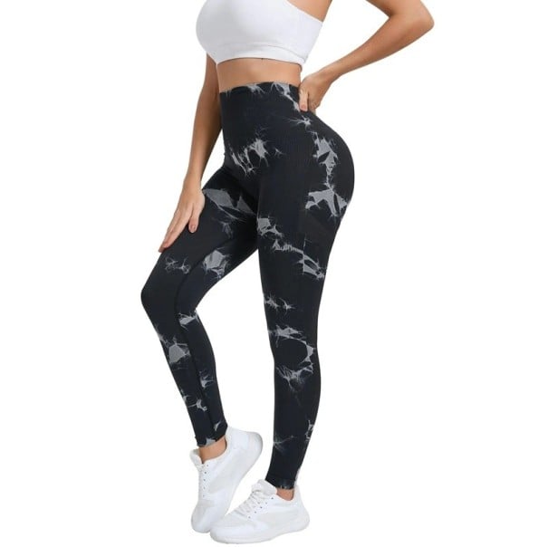 Leggings de yoga para senhora sem costuras com padrão de batik e cintura alta Calças desportivas longas elásticas Modelagem ajustada para o ginásio preto S