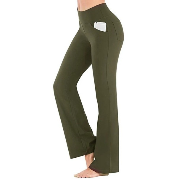 Leggings elásticos de cintura alta elegantes para mujer Piernas anchas Bolsillo lateral Pantalones largos y cómodos para uso diario verde militar L