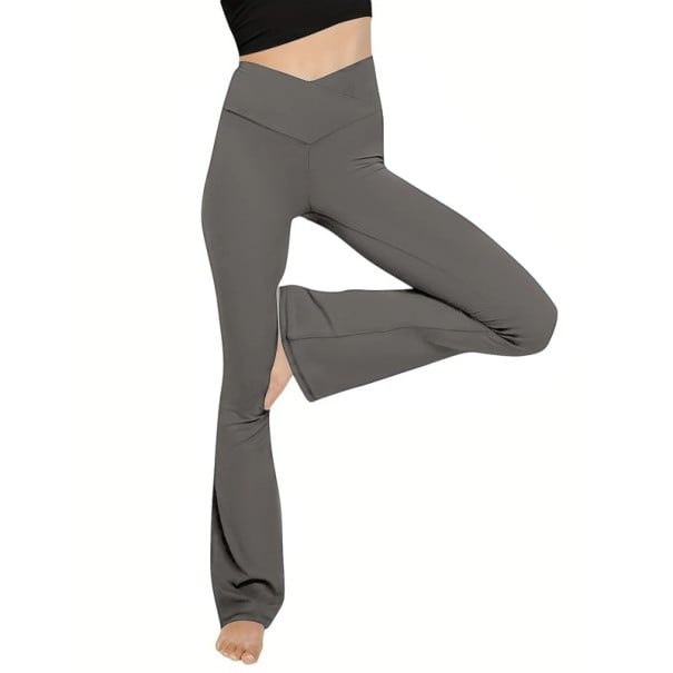 Leggings femininas sem costura com cintura alta em V Calças flare com fendas Corte crossover Leggings elásticas e confortáveis cinzento S