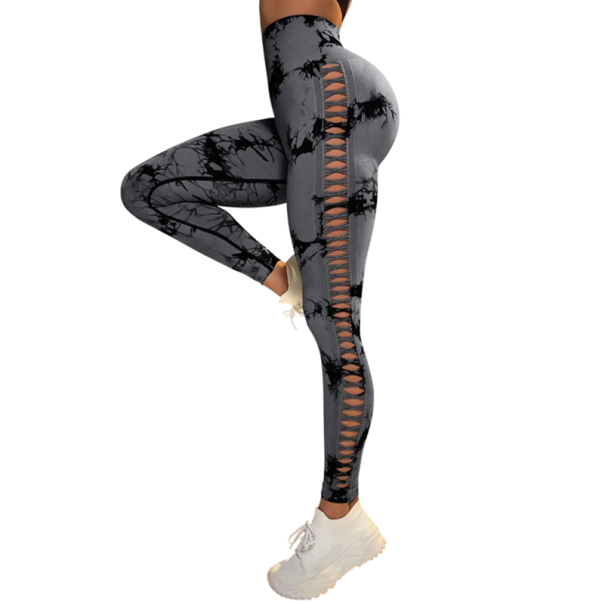 Leggings sem costura tie-dye para senhora com cintura alta Efeito de levantamento dos glúteos Design lateral em rede Calças de fitness elásticas para exercício cinzento M