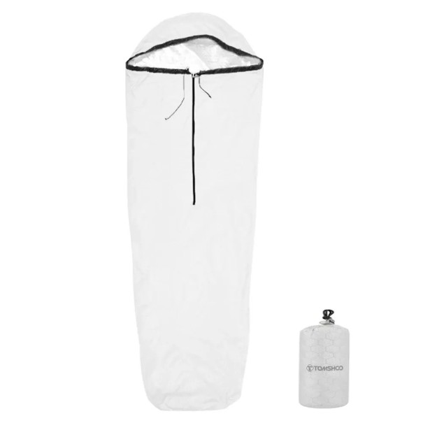 Leichter wasserdichter Schlafsack 210 × 80 cm Nylon mit Aluminiumfolie Kapuze mit Kordelzug Reißverschluss für Camping Wandern weiß