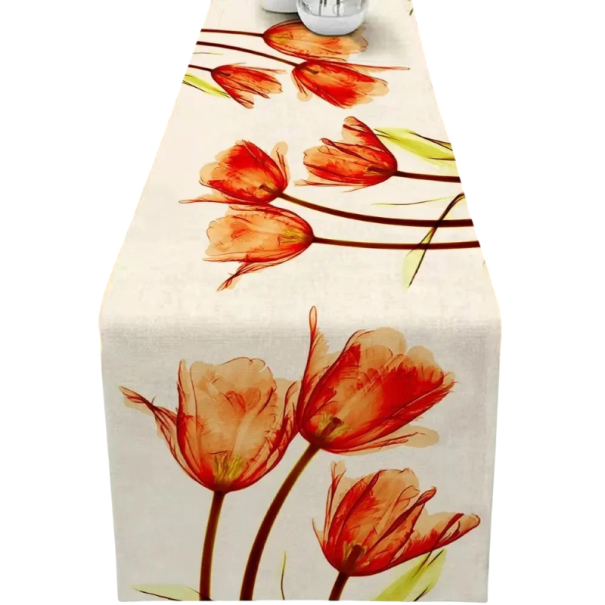 Len futó asztalra tulipán mintával rusztikus farmári stílus 33 × 183 cm len asztali dekoráció konyhai étkezőasztalra piros