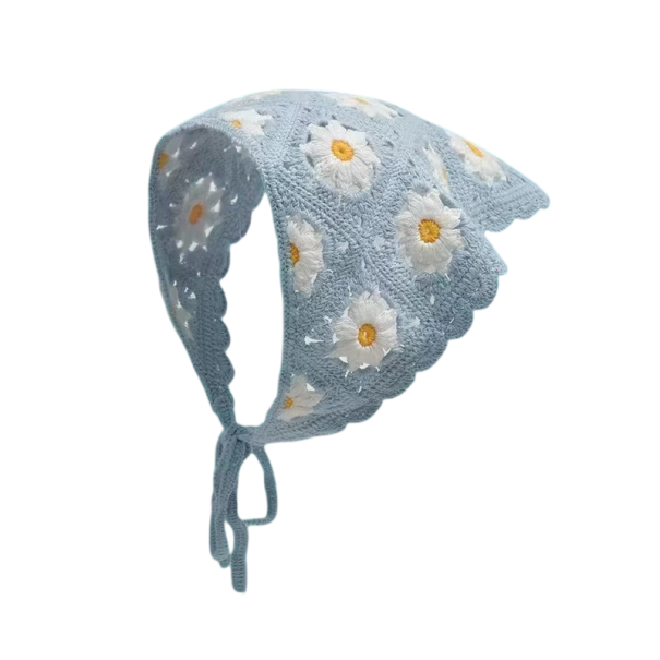Lenço triangular de crochê floral feito à mão Lenço de cabelo de primavera e verão para mulheres Bonita cobertura leve para a cabeça em viagem azul