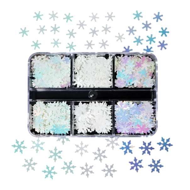 Lentejuelas en forma de copos de nieve 3–4 g Azules y blancas Brillos decorativos Caja con 6 compartimentos Creación creativa Adornos navideños 1