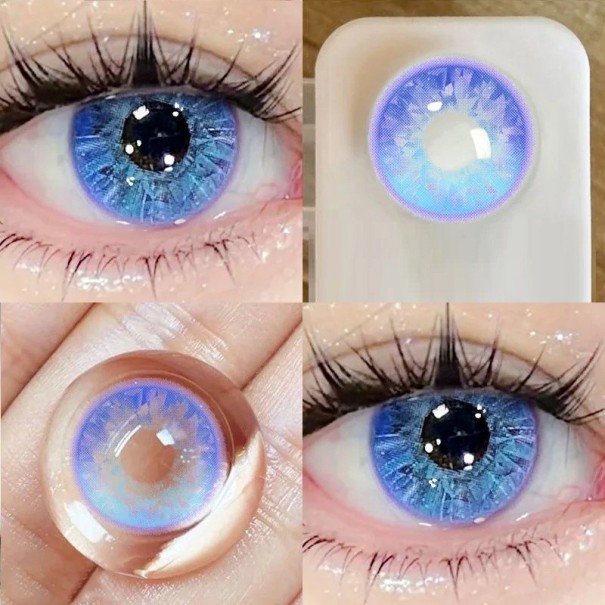 Lenti a contatto bicolori con diottria -7.00 con effetto nuvoloso di tonalità delicate diametro 14.2 mm per evidenziare gli occhi blu
