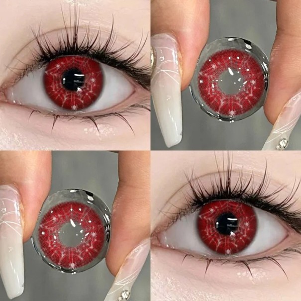 Lenti a contatto colorate annuali con diottria -4.00 in stile anime con motivo a ragnatela bianca, lenti decorative per cosplay e stilizzazione degli occhi rosso