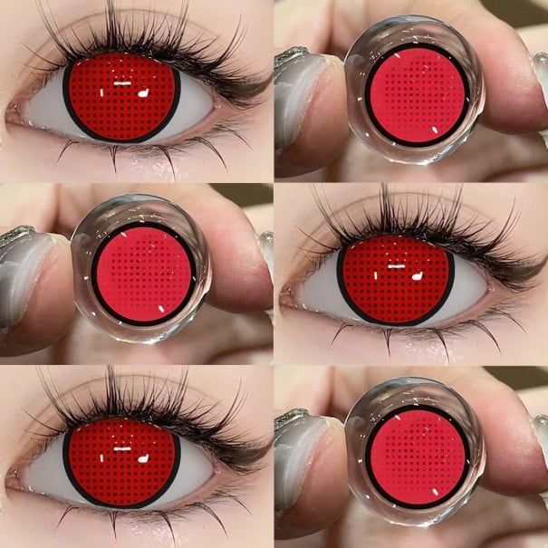 Lentilles de contact colorées rouges à couverture complète de l'iris et de la pupille avec un motif en treillis, diamètre 14,5 mm, design annuel 1