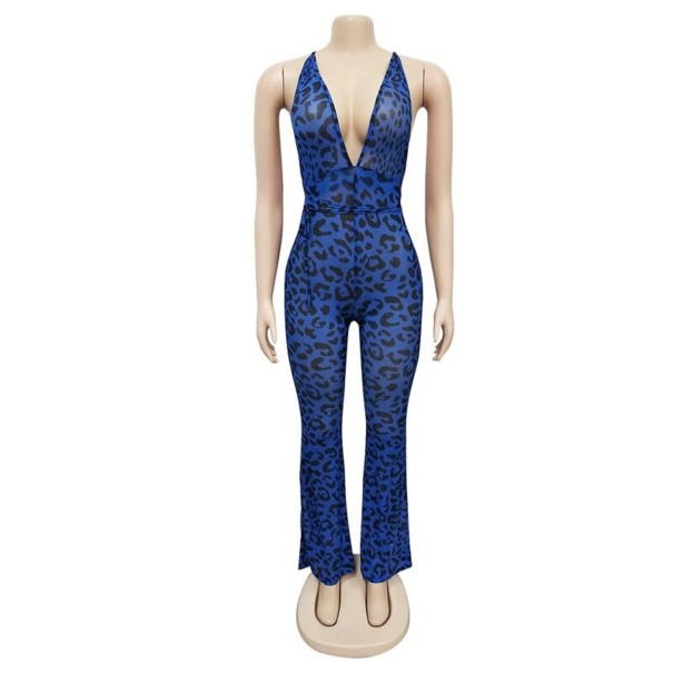 Leoparden-Jumpsuit für Damen mit tiefem Ausschnitt blau S