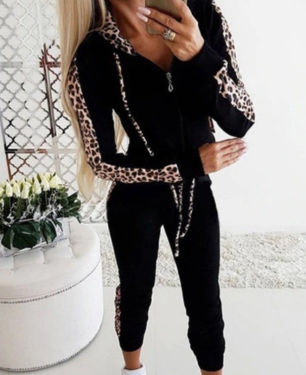 Leoparden-Sweatshirt und Jogginghose für Damen schwarz M