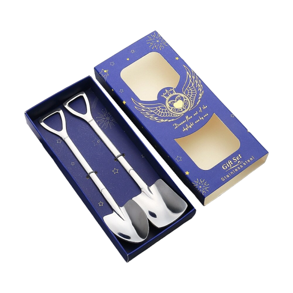 Lepels in de vorm van een schep en spade in een geschenkdoos 2 stuks zilver