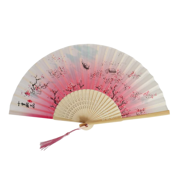 Leque de bambu chinês para mulheres Leque branco-rosado com padrão floral Leque dobrável tradicional Acessório de verão Decoração 21 cm 1