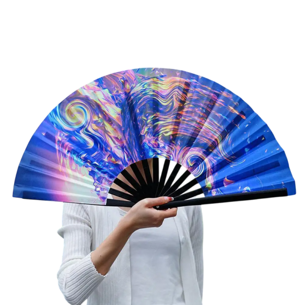 Leque dobrável fluorescente UV 33 cm Leque de bambu azul com tecido Dança Festival Decoração Palco Festa Efeito luz UV 1