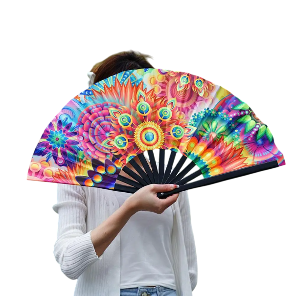 Leque dobrável fluorescente UV 33 cm Leque de bambu com enchimento de tecido Cores vibrantes para performances de dança Decoração para festas 1