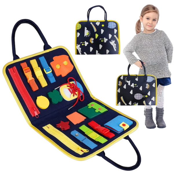 Lerntisch für Kinder, Montessori-Lerntasche zum Schließen und Öffnen von Reißverschlüssen und Knöpfen in dunkelblauer Farbe 1