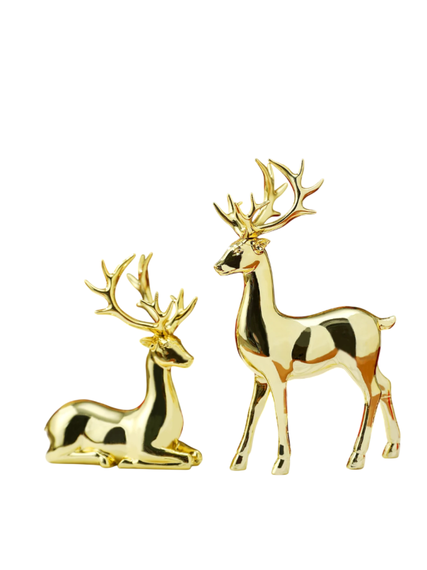Lesklé dekoratívne sošky jelenov 2 ks 9x11 cm a 9x16 cm z pryskyřice moderná dekorácia do interiéru na poličku a komodu zlatá