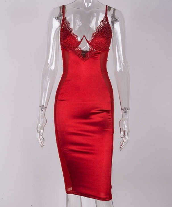 Lesklé šaty s čipkou červená XS