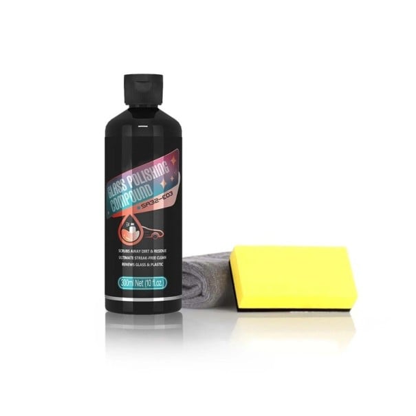 Lešticí pasta na sklo s houbičkou 300 ml bez silikonu hloubkový čistič odstraňovač olejového filmu černo-žlutá na autoskla 1