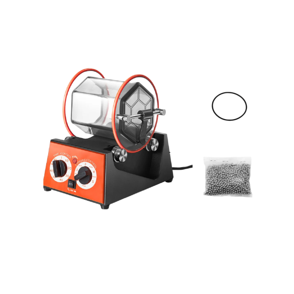 Leštička šperků a drahokamů 5 kg 60 W bubnový lešticí stroj černo oranžový pro úpravu povrchů šperků a kamenů 1