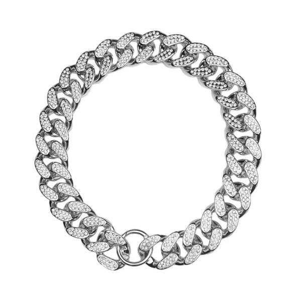 Let hundehalsbånd i ABS-plast med diamantindlæg 50 cm Luksuriøs design i kædeform Metal effekt Stilfuldt og holdbart tilbehør til kæledyr sølv