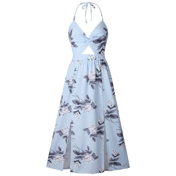 Letné šaty so zaväzovaním za krk svetlo modrá L