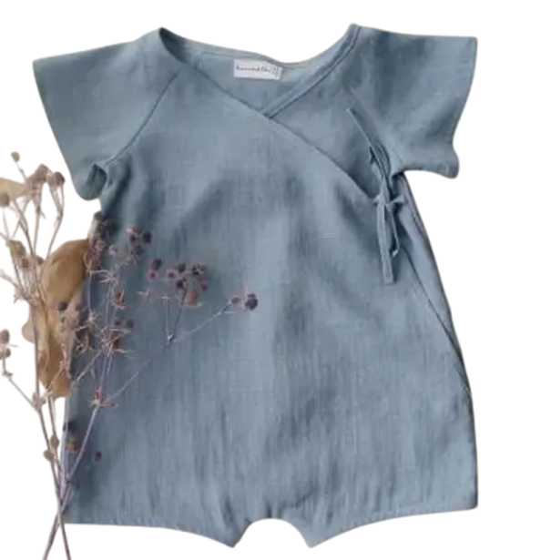 Letni dziecięcy lniany i bawełniany kombinezon z krótkim rękawem Jednokolorowe body z t-shirtem i szortami Luźny uniseksowy kombinezon dla niemowląt i małych dzieci niebieski 0-6 miesięcy