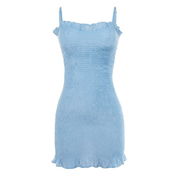 Letnia mini sukienka z odsłoniętymi ramionami niebieski S