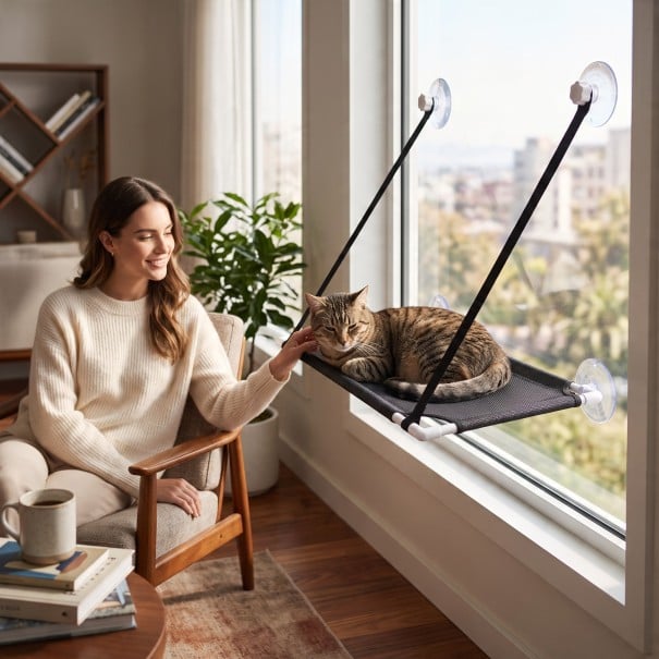 Letto sospeso per gatti da finestra 50 x 30 cm Ventose e cinghie in nylon Rete traspirante Oxford Amaca per vetro nero