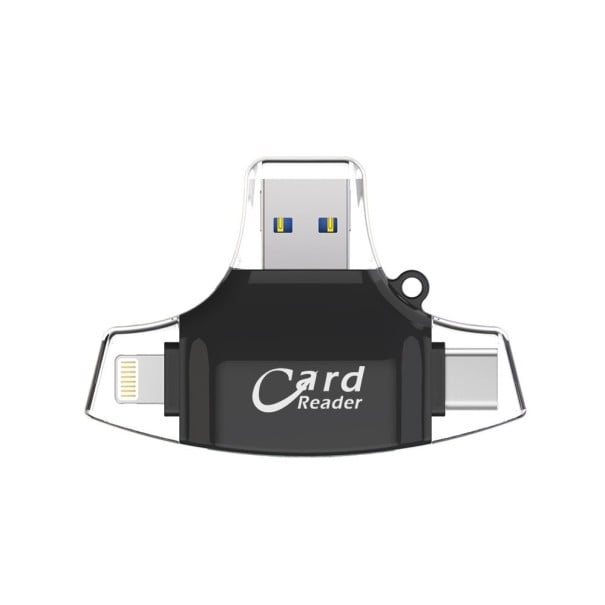 Lettore di schede di memoria 4 in 1 per telefono e computer Connettori Lightning USB-C Micro USB e USB 3.0 Per schede SD e Micro SD nero