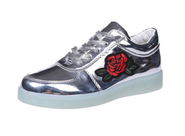 Leuchtende Mädchen-Sneaker mit einer Rose silber glänzend 33