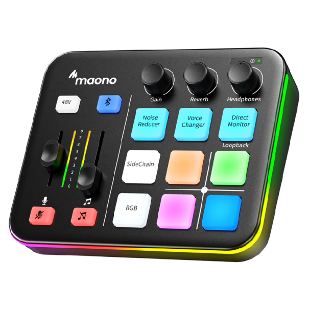 Levande ljudmixbord för PC med RGB-belysning Röständring Ljud effekter Brusreduktion 4 knappar för klipp XLR mikrofongränssnitt svart