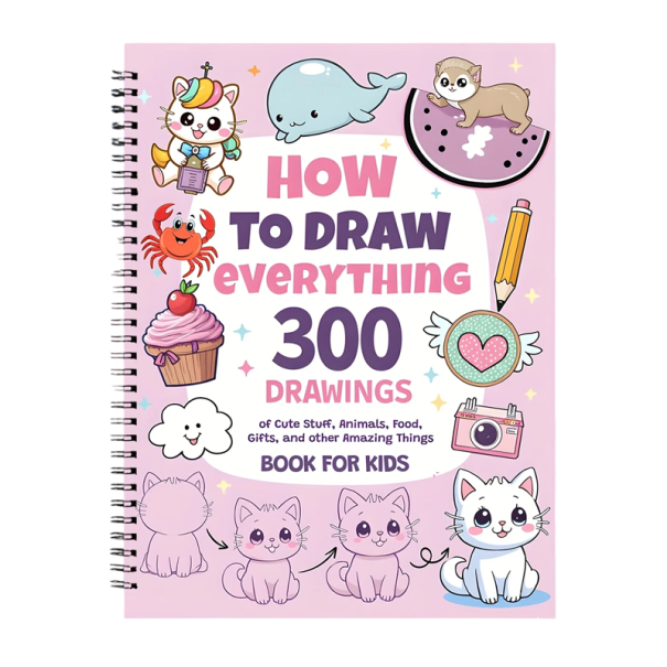 Libro de arte para niños 300 instrucciones paso a paso formato A4 encuadernación en espiral rosa aprendizaje de dibujo para principiantes 1