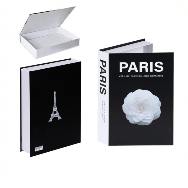 Libro decorativo falso con spazio di archiviazione PARIGI – apribile, nero con Torre Eiffel e fiore, spazio nascosto per piccoli oggetti 1