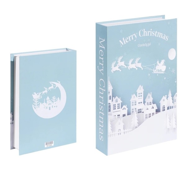 Libro decorativo falso de Navidad Merry Christmas Imitación azul de libro en la estantería Decoración de invierno con motivo de Santa Claus y aldea 1