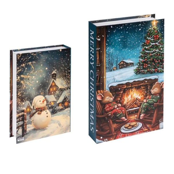 Libro decorativo falso de Navidad Merry Christmas Imitación de libro en la estantería Decoración invernal de libros muñeco de nieve chimenea árbol 1
