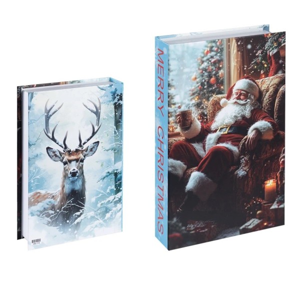 Libro decorativo falso de Navidad Merry Christmas Imitación de libro en la estantería Decoración invernal de libros Papá Noel ciervo 1