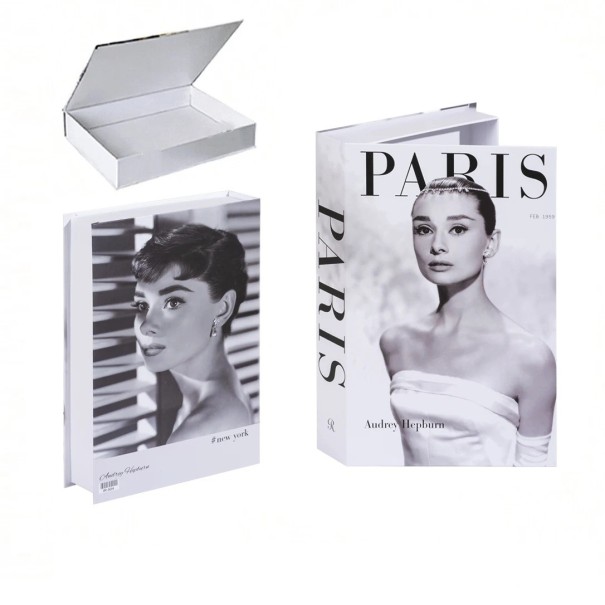 Libro falso decorativo Audrey Hepburn – spazio di archiviazione, apribile, bianco e nero con motivo "Paris" 1
