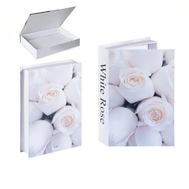 Libro falso decorativo con spazio di archiviazione, apribile, design White Rose - Decorazione elegante con spazio di archiviazione per interni raffinati 1