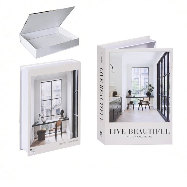 Libro falso decorativo con spazio di archiviazione – Decorazione apribile con motivo "Live Beautiful" 1