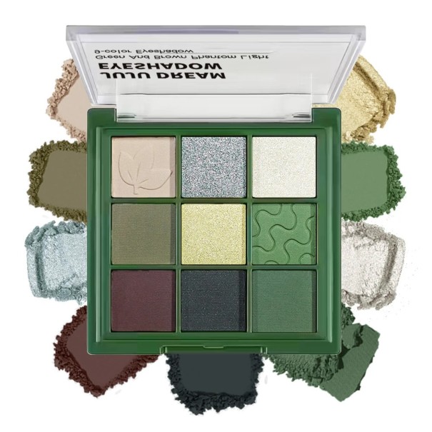 Lidschattenpalette 9 Farben Grüntöne Matte und schimmernde langanhaltende pigmentierte Augen-Make-up mit Blatt- und Wellenrelief 1