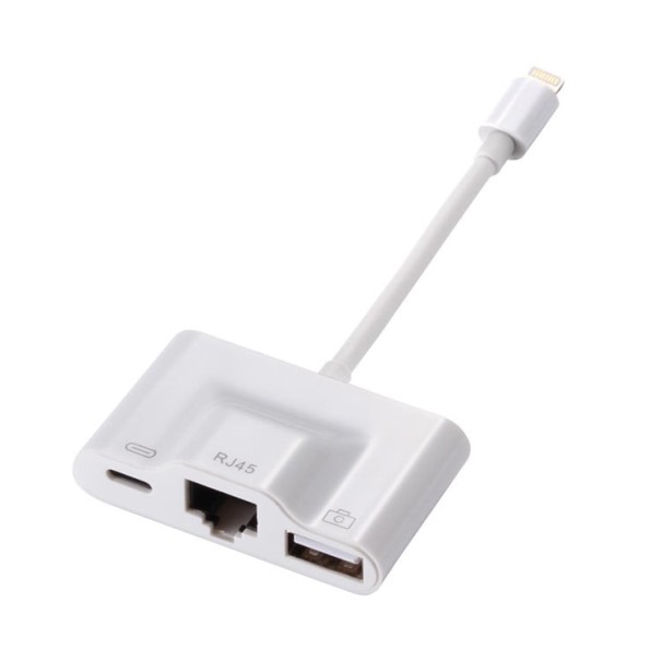 Lightning-adapteri Ethernet LAN:lle ja USB:lle Lightning-liitännällä iPhonelle Kaapeliyhteys verkkoon jopa 100 Mbps Kompakti rakenne Valkoinen väri 1