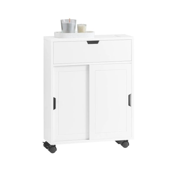 Liikkuva kylpyhuonekaappi 52 x 68 x 17 cm Liukuovilla ja neljällä pyörällä Kantavuus jopa 15 kg Kapea malli valkoisena 1